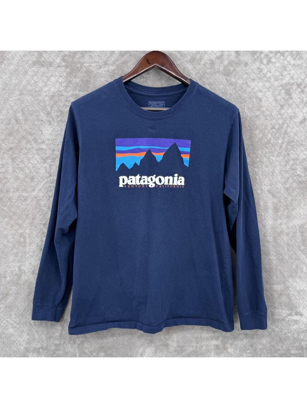 Patagonia Shirt Mens Medium Blue Long Sleeve Organic Cotton Logo Graphic Tee